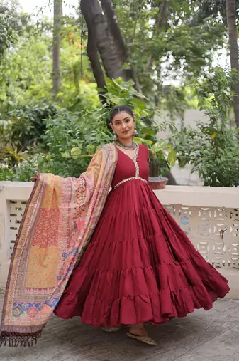 Maroon color roman silk blend mirror lace work gown with printed dupatta