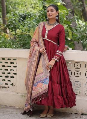Maroon roman silk blend mirror lace work gown with printed dupatta 3