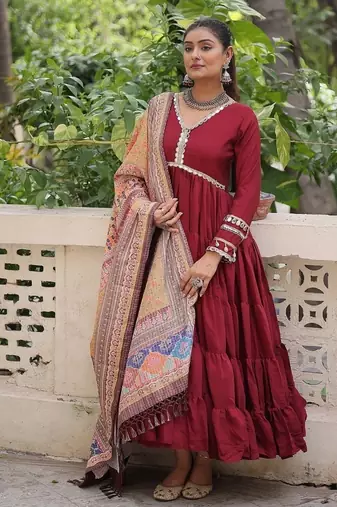 Maroon color roman silk blend mirror lace work gown with printed dupatta