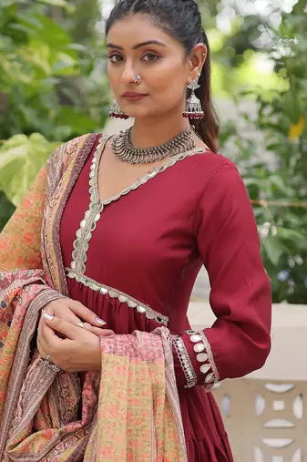 Maroon color roman silk blend mirror lace work gown with printed dupatta