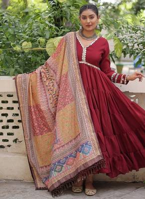 Maroon roman silk blend mirror lace work gown with printed dupatta 5