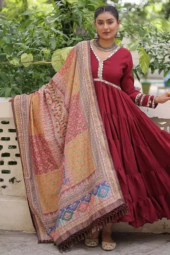 Maroon color roman silk blend mirror lace work gown with printed dupatta