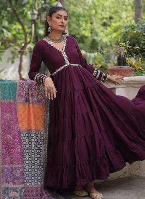 Wine roman silk blend mirror lace work gown with printed dupatta 1