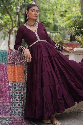 Wine color roman silk mirror lace work gown with printed dupatta
