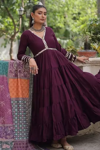 Wine color roman silk mirror lace work gown with printed dupatta