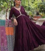 Wine color roman silk mirror lace work gown with printed dupatta