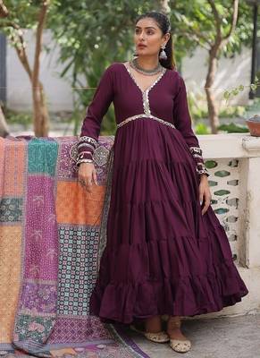 Wine roman silk blend mirror lace work gown with printed dupatta 2