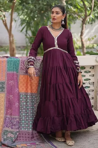 Wine color roman silk blend mirror lace work gown with printed dupatta