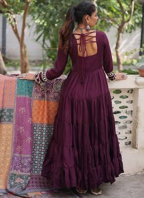 Wine roman silk blend mirror lace work gown with printed dupatta 3