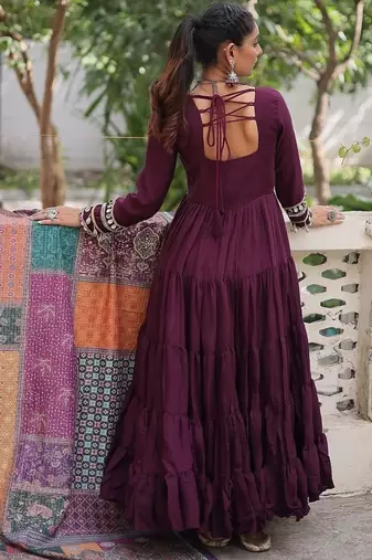 Wine color roman silk blend mirror lace work gown with printed dupatta