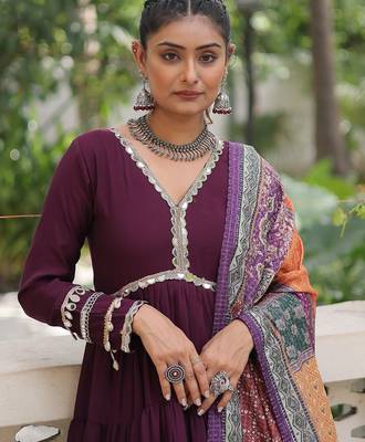 Wine roman silk blend mirror lace work gown with printed dupatta 4