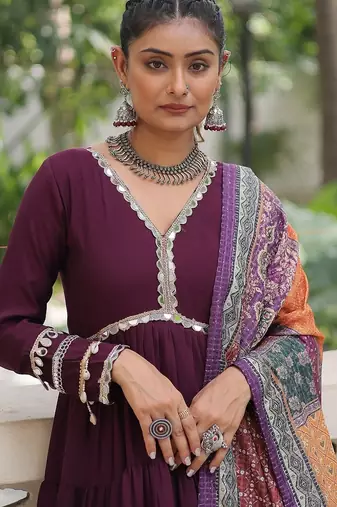 Wine color roman silk blend mirror lace work gown with printed dupatta