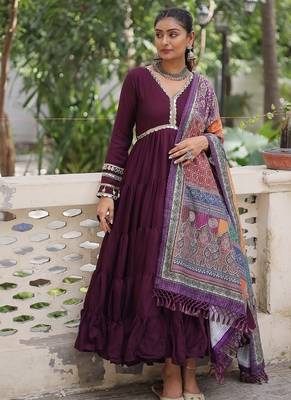 Wine roman silk blend mirror lace work gown with printed dupatta 5