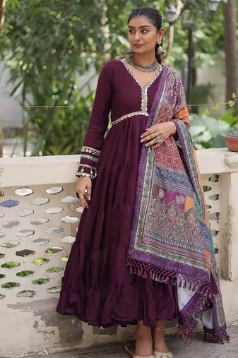Wine color roman silk blend mirror lace work gown with printed dupatta