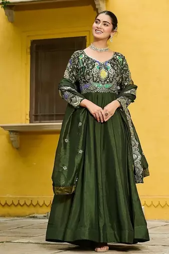 Green color thread embroidered work vichitra silk gown dupatta