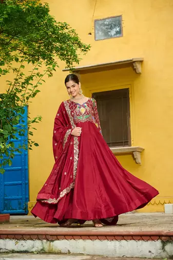 Maroon color thread embroidered work vichitra silk gown dupatta