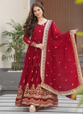 Maroon zari sequins embroidered work georgette gown dupatta 1