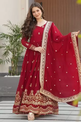 Maroon color zari sequins embroidered work georgette gown dupatta