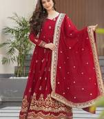 Maroon color zari sequins embroidered work georgette gown dupatta