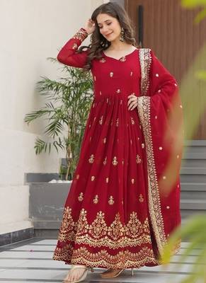 Maroon zari sequins embroidered work georgette gown dupatta 2