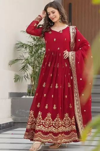 Maroon color zari sequins embroidered work georgette gown dupatta