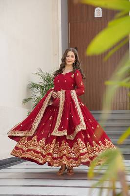 Maroon zari sequins embroidered work georgette gown dupatta 3