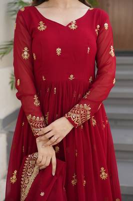 Maroon zari sequins embroidered work georgette gown dupatta 4