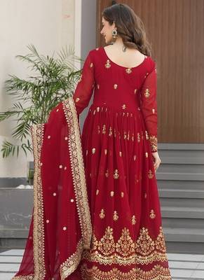 Maroon zari sequins embroidered work georgette gown dupatta 5