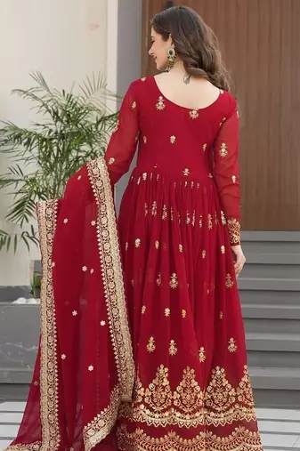Maroon color zari sequins embroidered work georgette gown dupatta