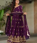 Purple color zari sequins embroidered work georgette gown dupatta