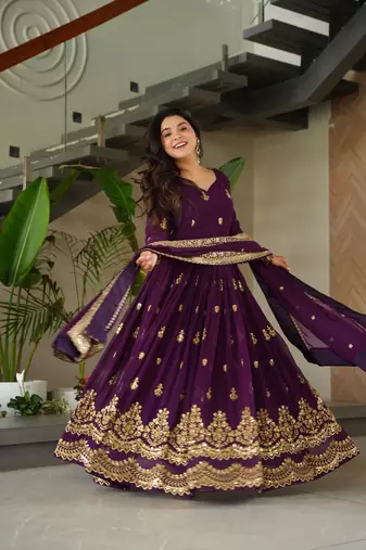 Purple color zari sequins embroidered work georgette gown dupatta