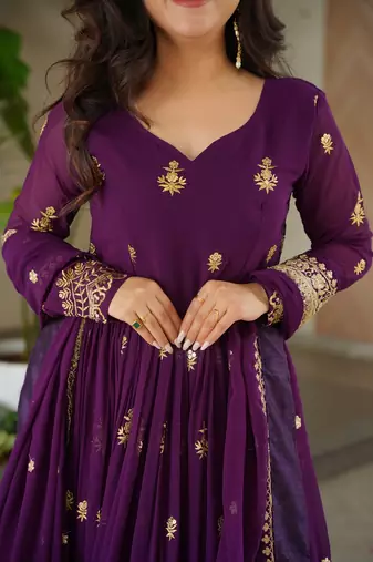 Purple color zari sequins embroidered work georgette gown dupatta