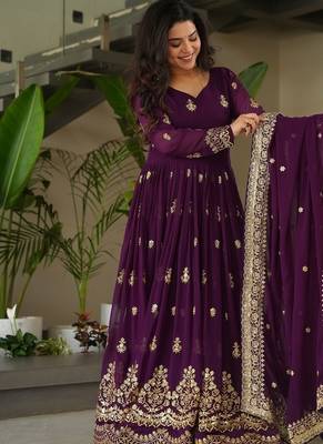 Purple zari sequins embroidered work georgette gown dupatta 5