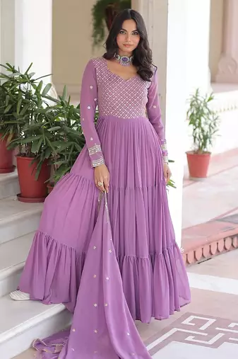 Purple color zari sequins embroidered work georgette gown dupatta