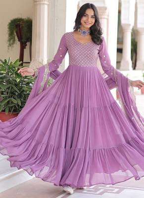 Purple zari sequins embroidered work georgette gown dupatta 4