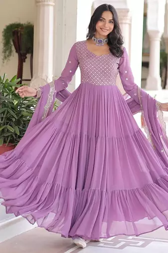 Purple color zari sequins embroidered work georgette gown dupatta