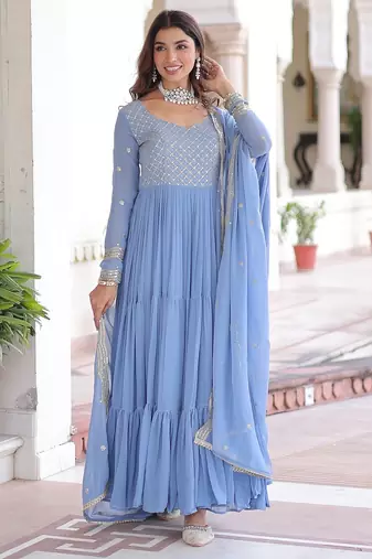 Sky blue color zari sequins embroidered work georgette gown dupatta