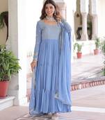 Sky blue color zari sequins embroidered work georgette gown dupatta