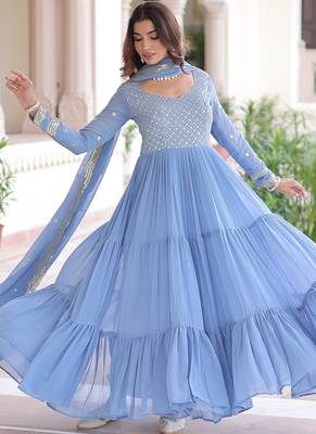 Sky blue zari sequins embroidered work georgette gown dupatta 2