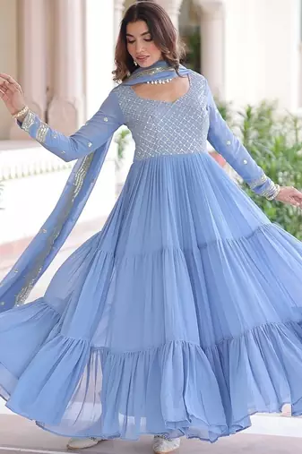 Sky blue color zari sequins embroidered work georgette gown dupatta