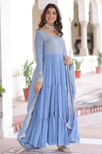 Sky blue color zari sequins embroidered work georgette gown dupatta