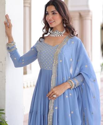 Sky blue zari sequins embroidered work georgette gown dupatta 5