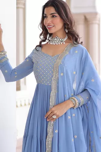 Sky blue color zari sequins embroidered work georgette gown dupatta