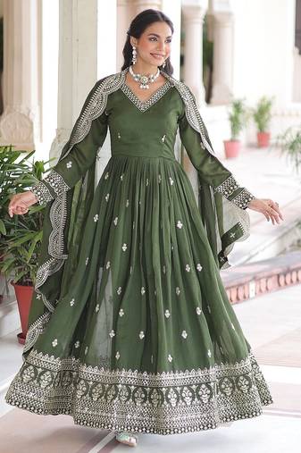 Green color zari sequins embroidered work vichitra silk gown dupatta