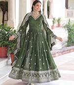 Green color zari sequins embroidered work vichitra silk gown dupatta