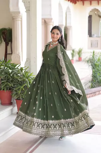 Green color zari sequins embroidered work vichitra silk blend gown dupatta