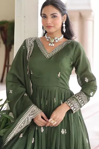 Green color zari sequins embroidered work vichitra silk blend gown dupatta