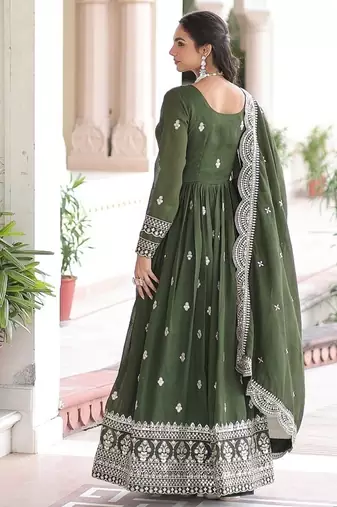 Green color zari sequins embroidered work vichitra silk blend gown dupatta