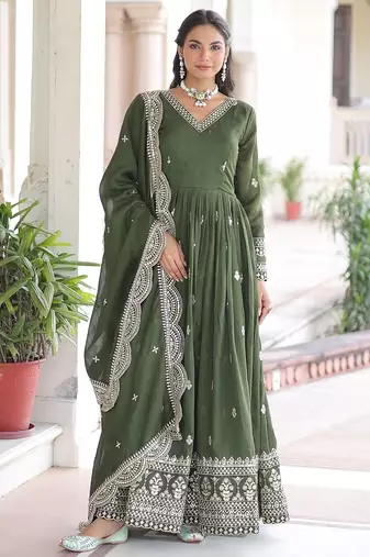 Green color zari sequins embroidered work vichitra silk blend gown dupatta