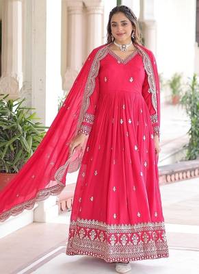 Pink zari sequins embroidered work vichitra silk blend gown dupatta 1